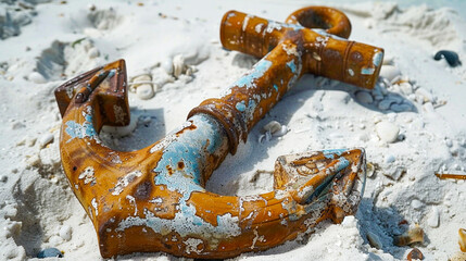 An ornate anchor half-buried in the beach sand, hinting at hidden stories of the sea.