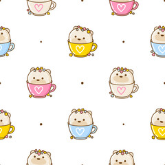 Seamless pattern with cute cartoon bear shaped cupcakes isolated on white - kawaii background with asian sweets for Your design - obrazy, fototapety, plakaty