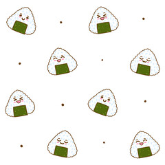 Seamless pattern with cartoon onigiri with happy faces - cute background with traditional japanese food on white - 779968827