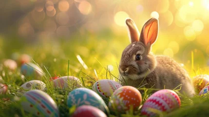 Foto op Canvas A happy rabbit is sitting in the grass among Easter eggs in a natural landscape, surrounded by terrestrial plants and enjoying the grassland AIG42E © Summit Art Creations
