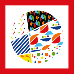 A picture with a circle in a square,  with various seamless patterns