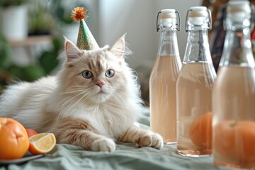 Celebratory Cream-Colored Cat Wearing a Party Hat Amidst Festive Decor