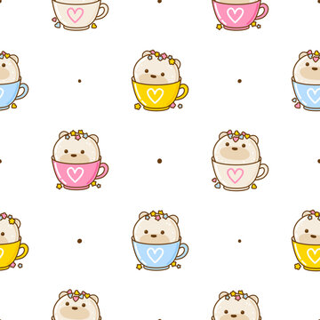 Seamless pattern with cute cartoon bear shaped cupcakes isolated on white - kawaii background with asian sweets for Your design