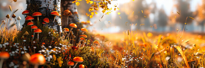 Enchanting Autumn Forest Bathed in Sunlight, a Symphony of Colorful Leaves and Golden Light, Creating a Tapestry of Seasonal Beauty