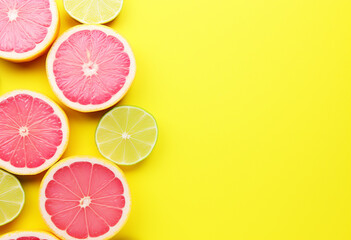 Grapefruit on yellow background for mockup design. Vibrant colors for advertising. AI generated