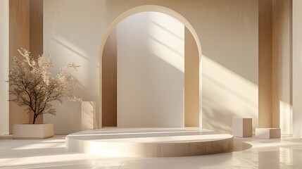 A modern display stage, bathed in sunlight, features a tranquil archway, a decorative tree, and minimalist geometric shapes.