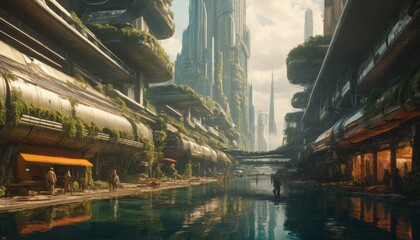 A futuristic urban canal, brimming with lush greenery and advanced architecture, offers a serene yet progressive vision of metropolitan life. - obrazy, fototapety, plakaty