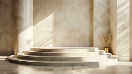 Bathed in sunlight, a modern display stage features a tranquil archway, a decorative tree, and minimalist geometric shapes.