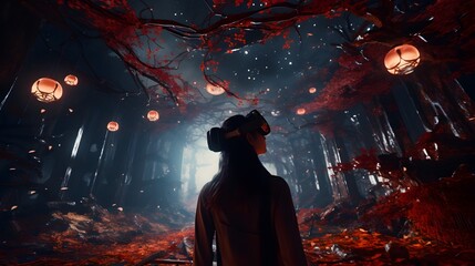 Imagine a crismis-themed virtual reality adventure where AI entities embark on a quest to discover the meaning of the season - obrazy, fototapety, plakaty