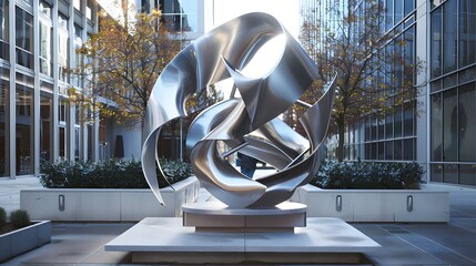 A dynamic abstract sculpture mounted on an outdoor plaza, inviting viewers to engage with its form. - obrazy, fototapety, plakaty
