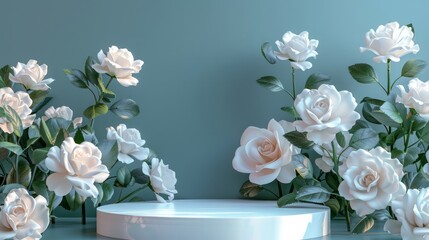 Obraz na płótnie Canvas Delicate white roses with lush green leaves artfully arranged on a sleek white display platform, bathed in soft sunlight.