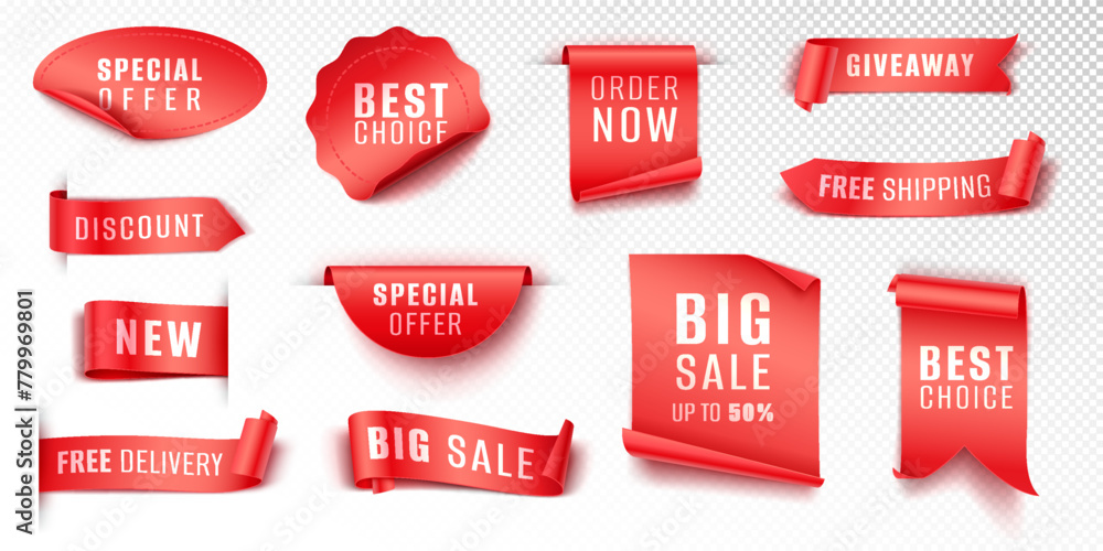 Canvas Prints Red promotion tags realistic vector illustration set. Badges ribbons and banners for sales advertisement 3d models on white background