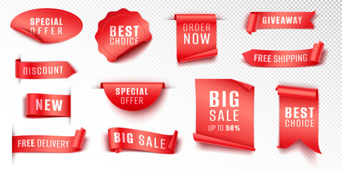 Red promotion tags realistic vector illustration set. Badges ribbons and banners for sales advertisement 3d models on white background