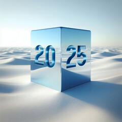 2025 in transparent cube in desert	