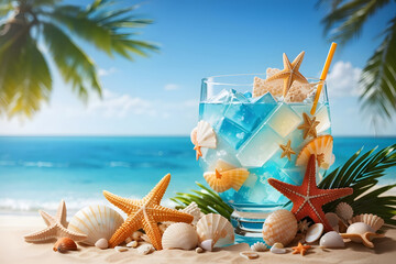 Fototapeta na wymiar A beach cocktail with palm trees, shells, starfish, and blue sea is an ideal summer getaway design.