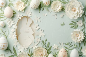 A bunny figurine made of porcelain inside an eggshaped dishware, surrounded by easter eggs and natural material flowers. Creative arts meets serveware in a festive event setting AIG42E - obrazy, fototapety, plakaty