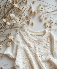 Serene Baby Fashion Concept with a White Embroidered Dress and Dried Flowers