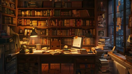 A cozy, book-lined office space bathed in warm lamplight, where a solitary entrepreneur diligently works late into the night, driven by ambition and determination. - obrazy, fototapety, plakaty
