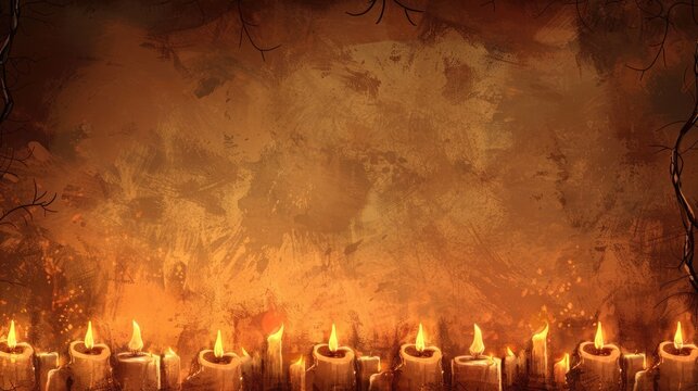 a cozy atmosphere with a border of flickering candle flames against a warm caramel background.