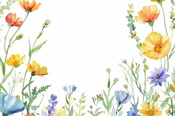 Colorful watercolor wildflowers on white background. A delicate and vibrant array of watercolor wildflowers bloom across the scene, showcasing a variety of colors and forms on a pure white backdrop