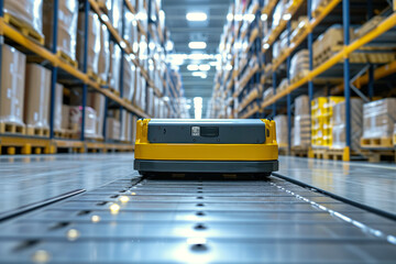 An automated guided vehicle robot is used to transport logistic items in warehouses Generative AI