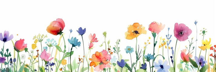 Colorful watercolor wildflowers on white background. A delicate and vibrant array of watercolor wildflowers bloom across the scene, showcasing a variety of colors and forms on a pure white backdrop - obrazy, fototapety, plakaty