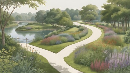 Obraz premium Winding path through a flowered park