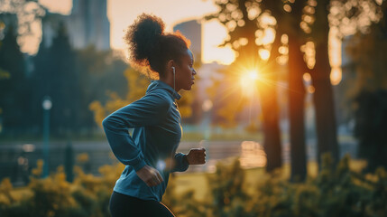 Runner at dawn, wireless in-ear headphones, city park background, dynamic and active lifestyle, freedom of movement with high quality sound 

