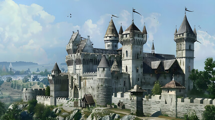 Showcasing classic medieval grandeur: A splendid fortified castle resting on a hilly terrain - obrazy, fototapety, plakaty