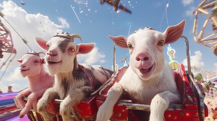 Three goats sitting on a roller coaster against a bright amusement park background under a clear sky with fluffy clouds - obrazy, fototapety, plakaty