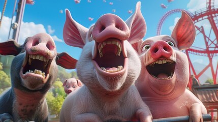 Four animated piglets on a roller coaster expressing excitement and awe against a clear blue sky background - obrazy, fototapety, plakaty