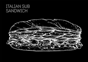 Italian sub sandwich sketch. Sandwich with lettuce, slices of fresh tomatoes, salami, hum and cheese. Hand drawn vector illustration.