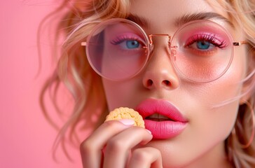 Young Adult Woman in Stylish Glasses Enjoying a Cookie on Pink Background
