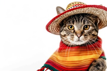 Mariachi Cat Fiesta. Tabby cat dressed in mariachi costume with a woven sombrero, against a white background - obrazy, fototapety, plakaty