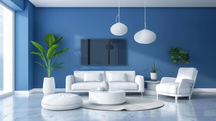 A living room with blue walls and white furniture
