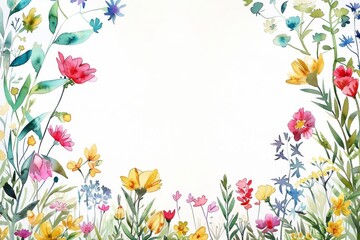 Obraz premium Colorful watercolor wildflowers on white background. A delicate and vibrant array of watercolor wildflowers bloom across the scene, showcasing a variety of colors and forms on a pure white backdrop