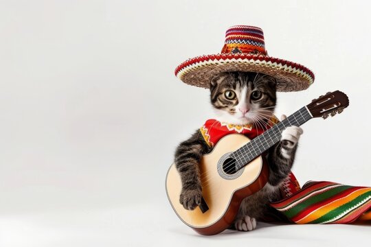 Mariachi Cat with Guitar. Adorable orange tabby cat dressed in traditional mariachi attire, complete with sombrero and guitar, against a white background