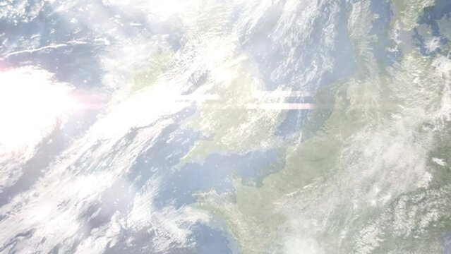 Zoom in from space and focus on Stroud, UK. 3D Animation. Background for travel intro. Elements of this image furnished by NASA