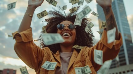 A woman in sunglasses throwing money in the air