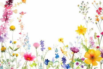 Obraz na płótnie Canvas Colorful watercolor wildflowers on white background. A delicate and vibrant array of watercolor wildflowers bloom across the scene, showcasing a variety of colors and forms on a pure white backdrop