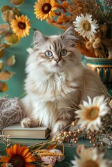 Serene Cat Amidst Sunflowers and Autumn Decor in Cozy Indoor Setting