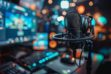 Professional microphone studio podcast stream interview platform radio with micrecording voice...