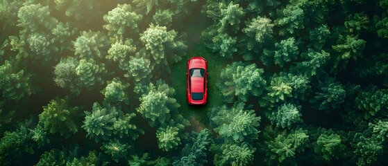 Eco-Drive: Red EV Amidst Verdant Tranquility. Concept Electric Vehicles, Sustainable Transportation, Green Technology, Renewable Energy, Nature Conservation