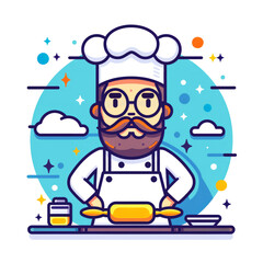 The cook in the kitchen prepares food. Simple flat illustration. Icon for design, website, blog. - 779973464
