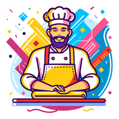 Chef in the kitchen preparing food on an abstract background. Simple flat illustration. Icon for design, website, blog. - 779973469
