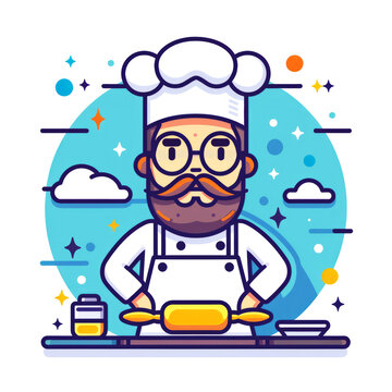 The cook in the kitchen prepares food. Simple flat illustration. Icon for design, website, blog.