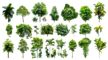 Fototapeta premium Various green trees and plants on white background, symbolizing lush foliage and botanical diversity