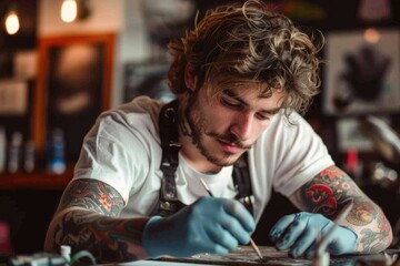 Obraz premium Portrait of a young caucasian male tattoo artist in studio