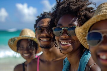 Fototapeta premium Portrait of a young family on vacation at the beach