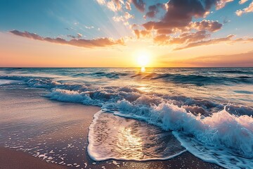 Soft sea waves with white foam and bubbles on the beach with sunset sky background. Scenery sea landscape. Empty tropical ocean horizon, colorful sunrise scenic coast, exotic shore. Summer vacation